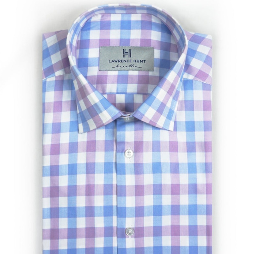 Lawrence Hunt - Slim Dress Shirt “Adams” Blue & Pink Plaid - NO SWEAT - Small